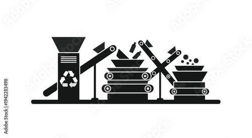 Industrial recycling and processing plant equipment with conveyor belts and crushers