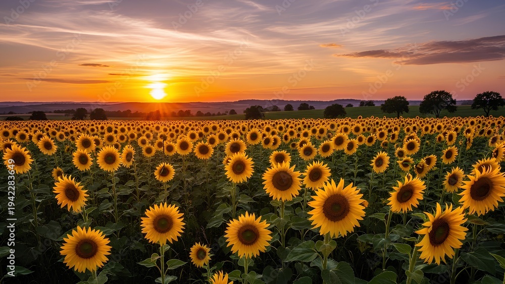 Obraz premium Vast Sunflower Field at Golden Hour Sunset.