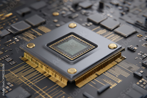 Advanced Microchip Architecture: A close-up view reveals a state-of-the-art microchip, showcasing intricate electronic pathways and the cutting-edge technology that drives modern innovation.