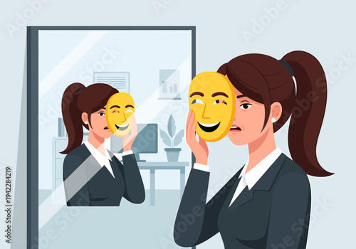 Woman Hiding True Emotion Behind Mask Reflecting Sadness in Mirror with Happy Face Overlay