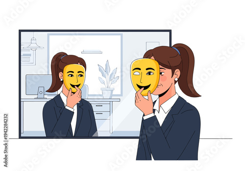 Businesswoman hides true feelings behind a smiling mask looking at office reflection showing the same deception concept