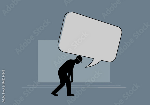 Silhouette of person carrying heavy speech bubble symbolizing burden of communication or overwhelming information overload concept