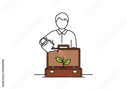 Person Watering Briefcase Containing Growing Plant Symbolizing Business Development and Investment Strategy Ideas