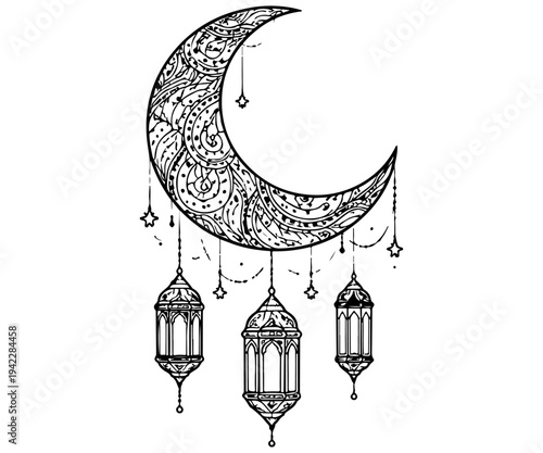 Ornate Crescent Moon with Hanging Ramadan Lanterns Line Art