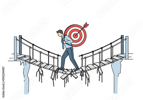 Businessman carrying target symbol walks across a broken bridge towards goal achievement challenge overcoming adversity obstacle overcoming risk