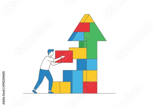 Man stacking colorful blocks to build an upward arrow symbol representing progress and growth concept for business development and success