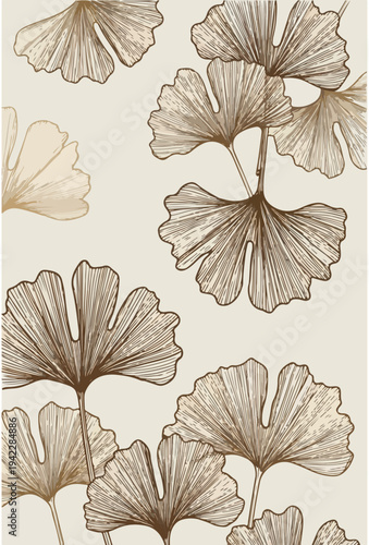 Elegant Ginkgo Biloba Leaf Line Art Pattern, Minimalist Gold Floral Wallpaper Background with Botanical Hand Drawn Illustration
