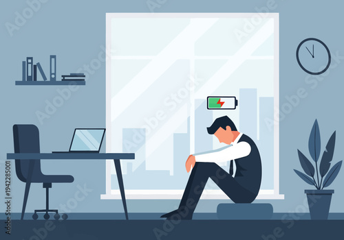 Exhausted Person Office Illustration Low Battery Concept Depicting Overwork Fatigue Burnout Deadline Stress Professional Workspace Empty Room