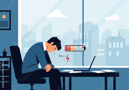 Man In Office Feeling Exhausted With Low Battery Symbol Above Head Near Laptop On Desk By Window With Cityscape View