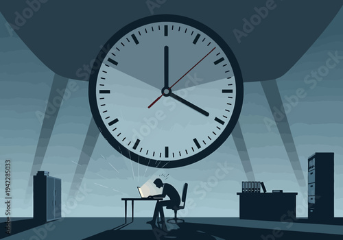 Stressed Person Overwhelmed By Work Deadline Under Large Clock Symbolizing Pressure And Time Management Challenges