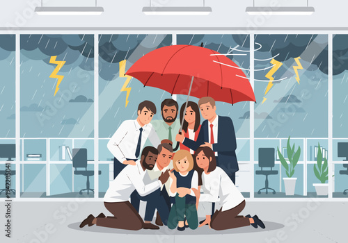 A group of diverse office colleagues sheltering under a red umbrella during a storm outside representing support and teamwork protection and