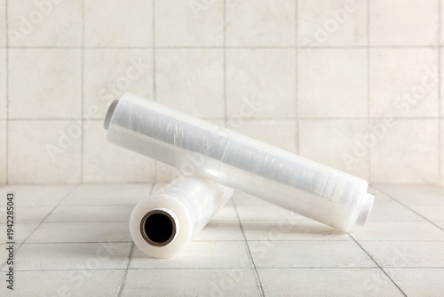 Rolls of stretch wrap on li...