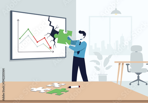 Business professional placing last puzzle piece into damaged financial graph on screen in modern office setting visualizing problem solving and