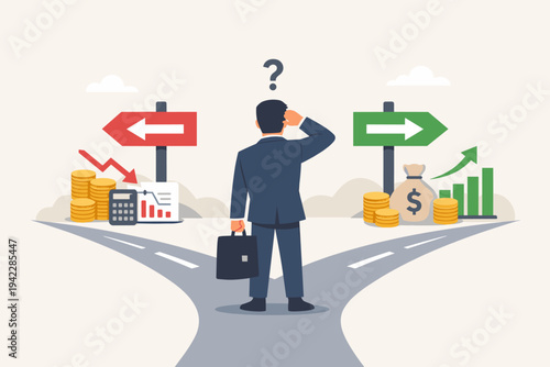 Businessman at a crossroads facing a dilemma between financial loss and profit growth, choosing the right path for business success with money icons and rising charts in flat vector style.
