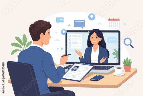 Professional HR manager conducting an online job interview with a female candidate via video call on a laptop, featuring a resume, coffee, and business icons on a desk in a flat vector style.