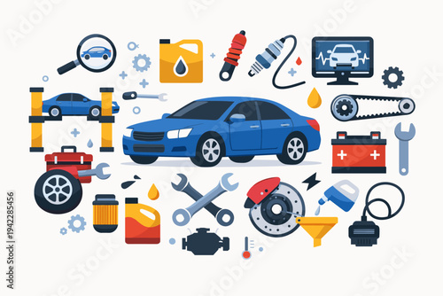 Professional Car Service and Maintenance Concept Vector Illustration Featuring Blue Sedan, Repair Tools, Spare Parts, and Diagnostic Icons for Automotive Workshop and Garage Business Design.