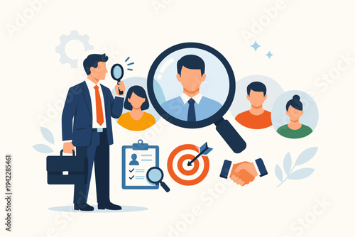 Businessman recruiter searching for new employees with a magnifying glass. Human resources concept for talent acquisition, hiring process, job interview, and career growth. Flat vector art.