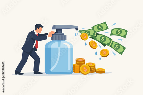 Businessman Pumping Money and Coins Out of a Hand Sanitizer Dispenser Bottle Vector Illustration. Concept of Profiting from the Pandemic, Healthcare Industry Profits, and Economic Business Gains.