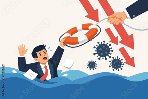 Businessman Drowning in Financial Crisis During COVID-19 Pandemic Rescued with Lifebuoy, Symbolizing Economic Recovery, Government Support, and Business Survival Amidst Stock Market Crash.