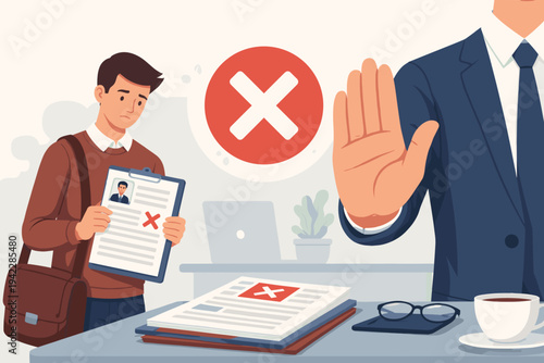 Job Rejection Concept Illustration with Sad Candidate Holding Resume and Employer Making Stop Hand Gesture. Refusal of Employment, Denied Application, and Career Setback in Office Setting.