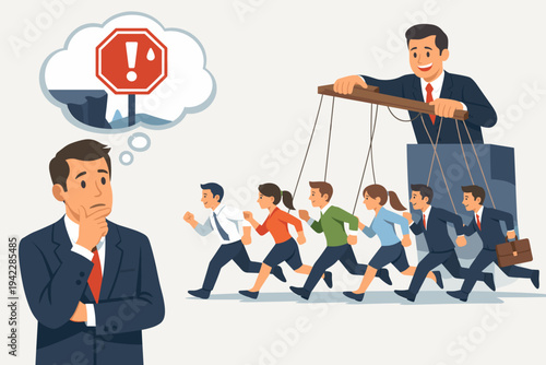 Thoughtful Businessman Considering Risks and Warning Signs While a Group of Employees are Controlled Like Puppets by a Giant Manager. Concept of Corporate Manipulation and Blind Obedience.