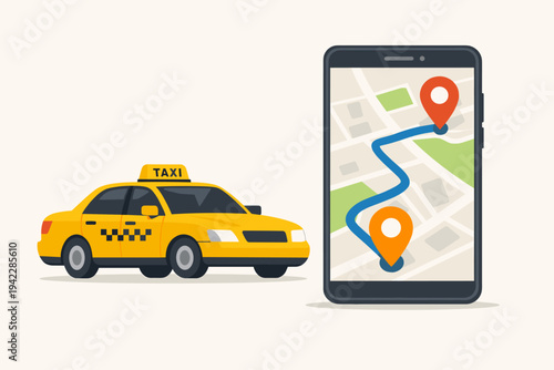 Yellow Taxi Cab and Smartphone with GPS Navigation Map Showing Route and Location Pins. Flat Vector Illustration for Ride-Hailing Service, Online Taxi Booking, and Urban Transportation App Design.