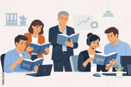 Business Team Reading User Manuals and Instruction Guides in Modern Office. Corporate Training, Onboarding, and Professional Development Concept with Diverse Employees Learning New Software Skills.