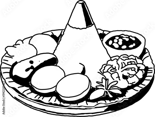 Nasi Tumpeng Indonesian Traditional Food Outline Coloring Page