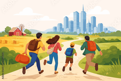 Flat vector illustration of a family with backpacks running away from a rural countryside farm with a red barn and windmill towards a big modern city with tall skyscrapers, depicting urbanization.