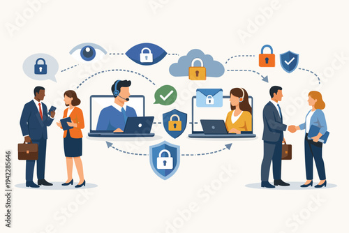 Business professionals and customer support agents having secure communication with padlocks, shields, and cloud technology for data protection, privacy, and cybersecurity vector illustration.
