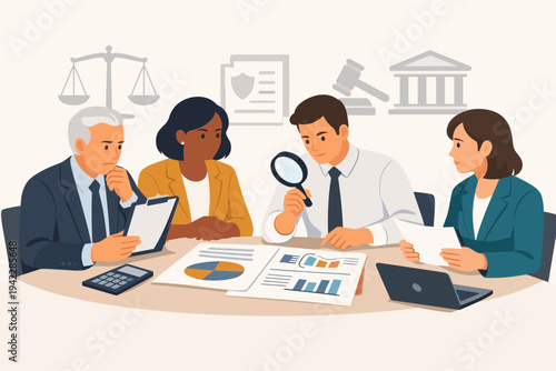 Diverse business people and ethics committee reviewing financial reports and documents with magnifying glass and calculator in office. Flat vector illustration of corporate audit and compliance.