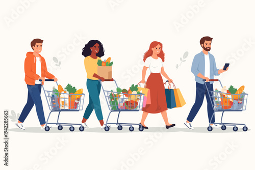 Flat Vector Illustration of Diverse People Shopping at a Supermarket with Carts Full of Groceries, Men and Women Buying Food and Products in a Retail Store, Consumerism and Lifestyle Concept