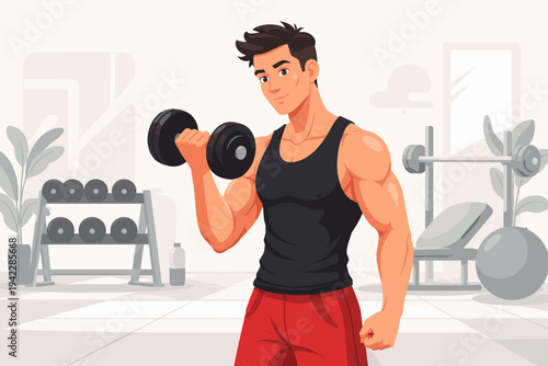 Muscular Young Man Lifting a Dumbbell in a Modern Gym, Flat Vector Illustration of a Fitness Enthusiast Training Biceps, Bodybuilder Working Out with Weights for Health and Strength Training