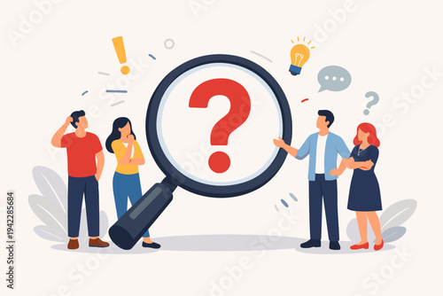 Diverse group of people standing around a large magnifying glass with a red question mark inside. Concept for problem solving, investigation, searching for answers, and team brainstorming.