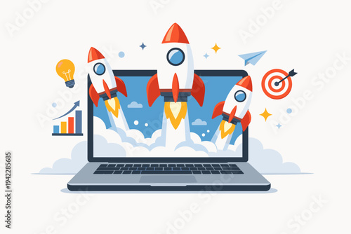 Successful Online Business Startup Concept with Rockets Launching from Laptop Screen, Creative Idea Lightbulb, Growth Chart, and Target Goal, Flat Vector Illustration for Digital Marketing.