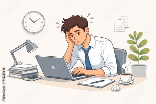 Stressed and tired businessman sitting at a desk working on a laptop computer late at night with coffee and books, feeling exhausted and overwhelmed by work deadline, flat vector illustration.