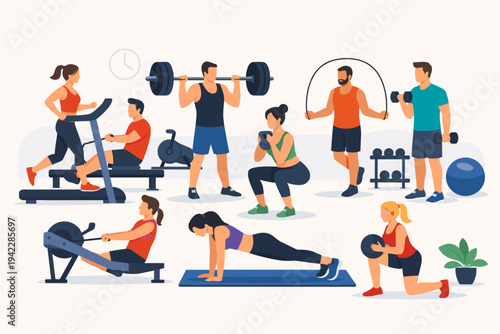 People Exercising in a Gym Fitness Center Flat Vector Illustration, Featuring Men and Women Doing Treadmill Running, Weightlifting, Rowing, Jumping Rope, Kettlebell Squats, Planks, and Lunges.