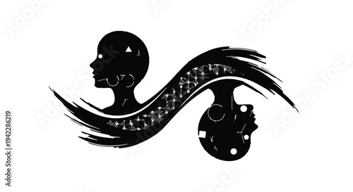 Two Silhouetted Heads Facing Each Other with Abstract Design in Between
