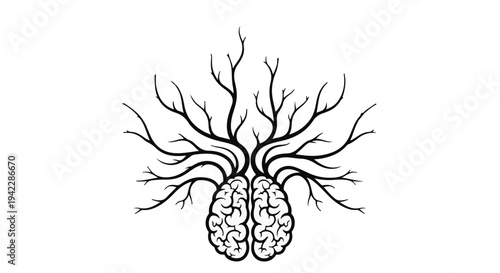 Mind's Natural Expansion Human Brain with Sprouting Tree Branches Illustration