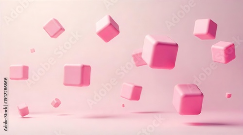 Soft pink geometric shapes in various sizes gently float against a pastel background, creating a dreamy, abstract composition