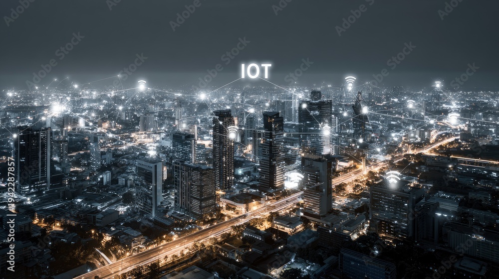 custom made wallpaper toronto digitalAerial view of a vibrant cityscape at night showcasing IoT connectivity with illuminated buildings