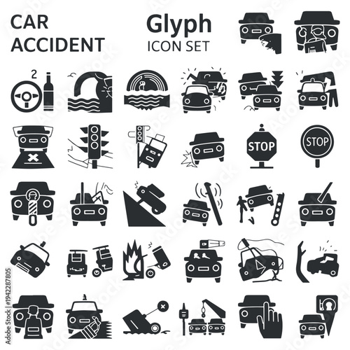 Car Accident Glyph Icon Set, Vehicle Crash and Auto Insurance Claim Solid Vector