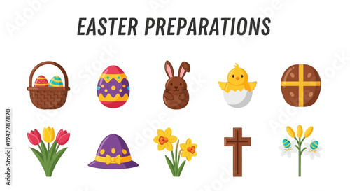 Collection of ten colorful flat icons related to Easter preparations