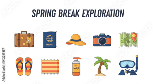 Spring Break Exploration icons luggage passport hat camera map flipflops towel sunscreen palm snorkel gear