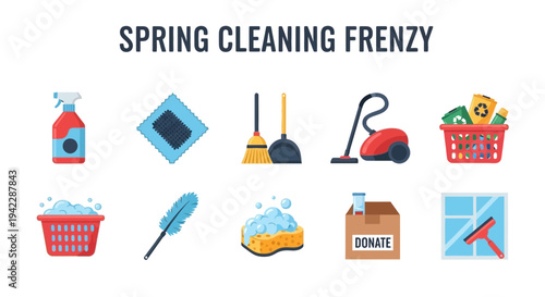 Ten flat icons related to spring cleaning items arranged in two rows