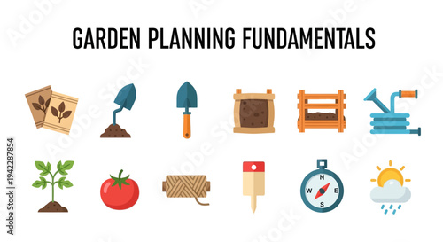 Title slide with black text GARDEN PLANNING FUNDAMENTALS above two rows of gardening icons