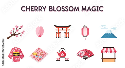 Japanese cultural icons featuring cherry blossoms a torii gate Mt Fuji and a stall