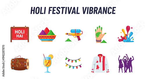 A collection of ten flatdesign icons related to the Holi Festival arranged in two rows