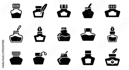 Collection of ink bottles and pens illustrated in a grid layout on a simple background from a straightforward viewpoint