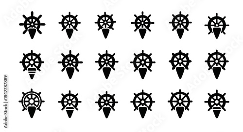 Collection of various ship wheel icons in black and white illustrations displayed on a clean white background from a direct viewpoint